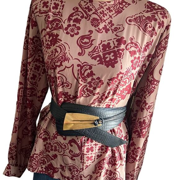 Vintage 80s 90s New Editions Taupe Maroon Abstract Blouse Size L Long Sleeve - Picture 14 of 15